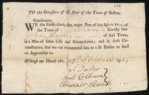 John Brown indentured to apprentice with John Mason of Dedham
