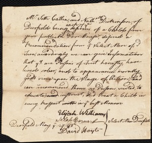 Joseph Fothergill indentured to apprentice with Nathaniel Dickinson of Deerfield