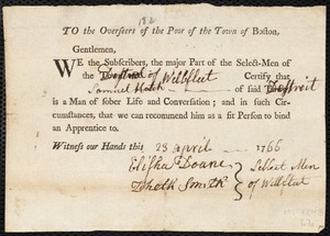 Richard Warren indentured to apprentice with Samuel Hatch of Wellfleet