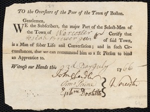 Rehanus Lewis indentured to apprentice with Josiah Brewer of Worcester