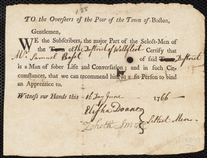 Stephen Burgis indentured to apprentice with Samuel Bassett [Basset] of Wellfleet