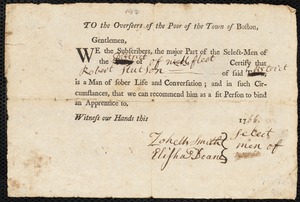 Benjamin Lemoine indentured to apprentice with Robert Stutson of Wellfleet