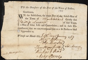 John Williams indentured to apprentice with Peter/Phillip Lecraw of Marblehead