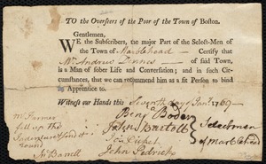 Joseph Harley indentured to apprentice with Andrew Dennis of Marblehead