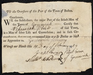 John Lucas indentured to apprentice with Nehemiah [Nemiah] Hinds of Greenwich