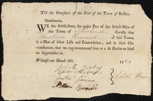 Nathaniel Rhodes indentured to apprentice with Abraham Hammatt of Sherburn
