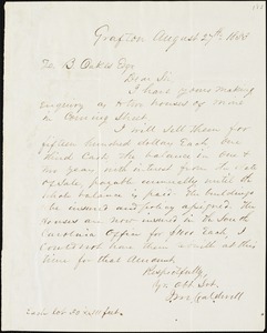 J.M. Caldwell, Grafton, [S.C.?], autograph letter signed to Ziba B. Oakes, 27 August 1853