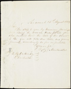 Wylly &amp; Montmollin, Savannah, Ga., manuscript letter signed to Ziba B. Oakes, 26 August 1853