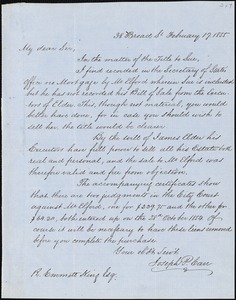 Joseph P. Carr, [Charleston, S.C.], autograph letter signed to R. Emmett King, 27 February 1855