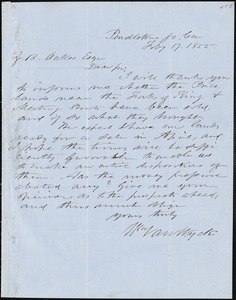 William Van Wyck, Pendleton, S.C., autograph letter signed to Ziba B. Oakes, 17 February 1855