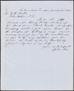 John Cox, Columbia, S.C., autograph letter signed to Ziba B. Oakes, 23 January 1855