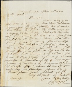 A. J. McElveen, Sumterville, S.C., autograph letter signed to Ziba B. Oakes, 4 December 1854