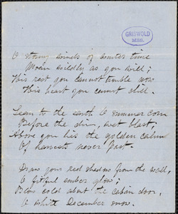 Alice Cary manuscript poem: &quot;O stormy winds of winter time.&quot;