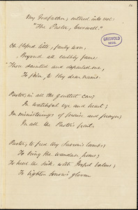 William Croswell Doane manuscript poem, [1855?]: &quot;My Godfather; entered into rest; &#39;The Pastor, Croswell&#39;.&quot;