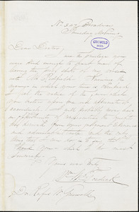 William Whiteman Fosdick, No .347 Broadway, (New York?) Thursday morning., autograph letter signed to R. W. Griswold