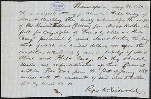 Rufus Wilmot Griswold, Philadelphia, PA., autograph letter signed to Moss &amp; Brothers, 20 May 1850