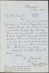 Parry &amp; McMillan, Philadelphia, PA., autograph letter signed to R. W. Griswold, 27 December 1855