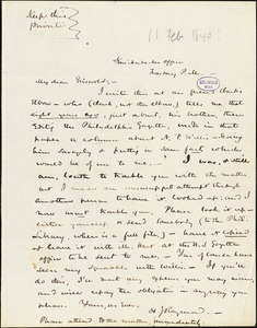 Henry Jarvis Raymond, Knickerbocker Office, New York, autograph letter signed to R. W. Griswold, 11 February 1845