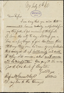 Richard Henry Stoddard, New York, autograph note signed to R. W. Griswold, 5 July 1850
