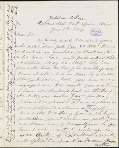 Frederick William Thomas, Jubilee College, Robin&#39;s Nest Post-office, IL., autograph letter signed to R. W. Griswold, 1 June 1854