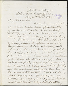 Frederick William Thomas, Jubilee College, Robin&#39;s Nest Post-office, IL., autograph letter signed to R. W. Griswold, 22 August 1854