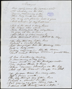 Sarah Helen (Power) Whitman manuscript poem, [1848?]: &quot;How softly comes the summer wind&quot;