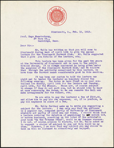 Ach, Laurence R. 2 typed letters signed to Hugo Münsterberg, Cincinnati, Ohio, 15 February &amp; 03 March 1913
