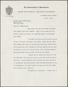  Adler, Herman M. (Herman Morris), 1876-1935 typed letter signed to Hugo Münsterberg, New York, 27 October 1915