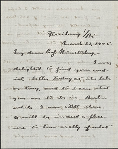 Angier, Roswell Parker, 1874-1946 autograph letter signed to Hugo Münsterberg, Freiburg i. Br., 22 March 1905