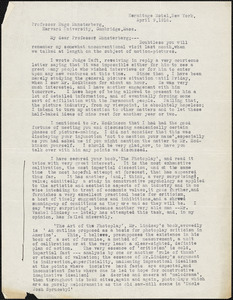 Ashley, Raymond T. fl.1916 typed letter signed to Hugo Münsterberg, New York, 09 April 1916