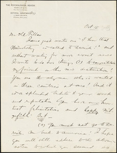 Baldwin, James Mark, 1861-1934 autograph letter signed to Hugo Münsterberg, Princeton, N.J., 15 October 1897?