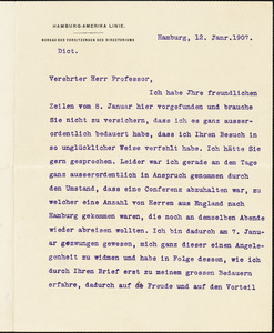  Ballin, Albert, 1857-1918 typed letter signed to Hugo Münsterberg, Hamburg, 12 January 1907