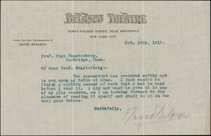 Belasco, David, 1853-1931 typed letter signed to Hugo Münsterberg, New York, 19 February 1913