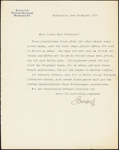 Bernstorff, Johann Heinrich, Graf von, 1862-1939 typed letter signed to Hugo Münsterberg, Washington, D.C., 15 August 1911