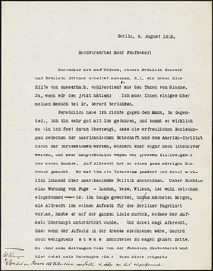 Bertling, Karl O., fl. 1912 typed letter signed to Hugo Münsterberg, Berlin, 08 August 1913