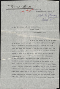 Bertling, Karl O., fl. 1912 typed letter to Woodrow Wilson, Berlin, 31 March 1913