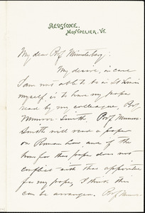 Burgess, John William, 1844-1931 autograph letter signed to Hugo Münsterberg, Montpelier, Vt., 21 August 1904