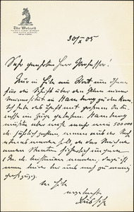 Bussche-Haddenhausen, Hilmar, 1867-1939 autograph letter signed to Hugo Münsterberg, New York, 30 October 1905
