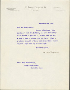 Bynner, Witter, 1881-1968 typed letter signed to Hugo Münsterberg, New York, 2 February 1904