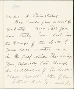 Calkins, Mary Whiton, 1863-1930 autograph letter signed to Hugo Münsterberg, Newton, Mass., 12 March 1911