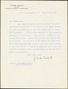 Cattell, James McKeen, 1860-1944 typed letter signed to Hugo Münsterberg, Garrison-on-Hudson, 22 November 1902