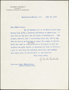 Cattell, James McKeen, 1860-1944 typed letter signed to Hugo Münsterberg, Garrison