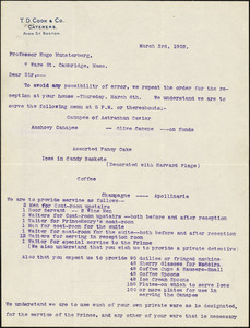 Cook, T.D. &amp; Co., caterers typed letter to Hugo Münsterberg, Boston, 3 March 1902