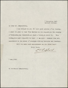 Copeland, Charles Townsend, 1860-1952 typed letter signed to Hugo Münsterberg