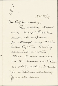 ana, Charles Loomis, 1852-1935 autograph letter signed to Hugo Münsterberg, New York?, 17 November 1909