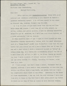 Deane, Hadley, fl. 1914 typed letter signed to Hugo Münsterberg, San Luis, Calif., 29 August 1914