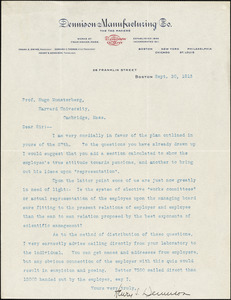 Dennison, Henry Sturgis, 1877-1952 typed letter signed to Hugo Münsterberg, Boston, 30 September 1913