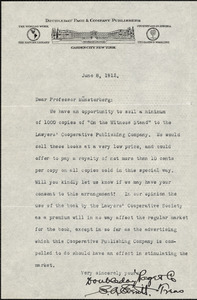 Doubleday, Page &amp; Co. typed letter signed to Hugo Münsterberg, Garden City, N.Y., 8 June 1912