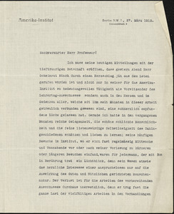 Drechsler, Robert Walter, fl. 1913 typed letter signed to Hugo Münsterberg, Berlin, 27 March 1912