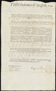 Elizabeth Thompson indentured to apprentice with Bezaleel Shaw of Sherbourn